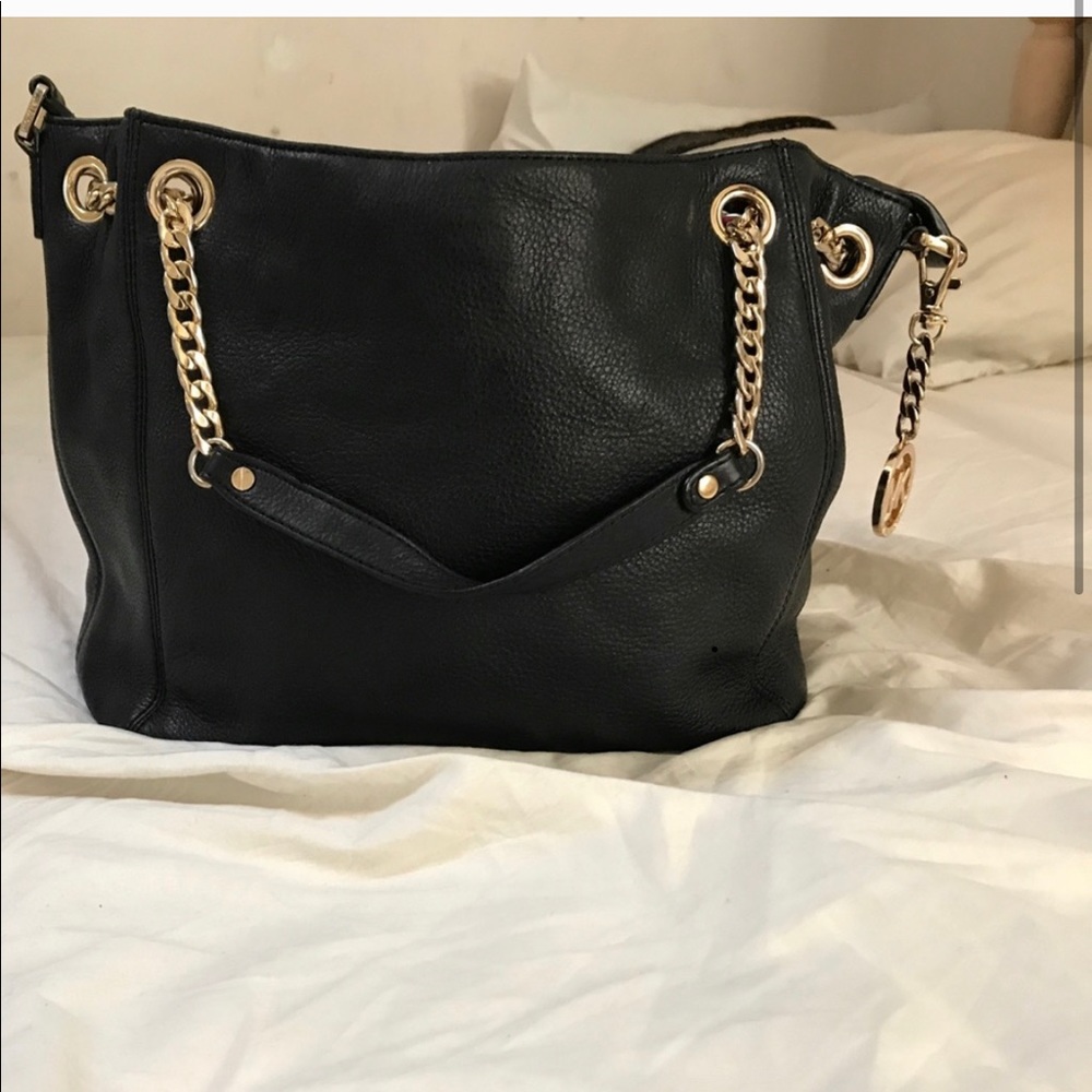 Black Leather Chain-Handle Shoulder Bag